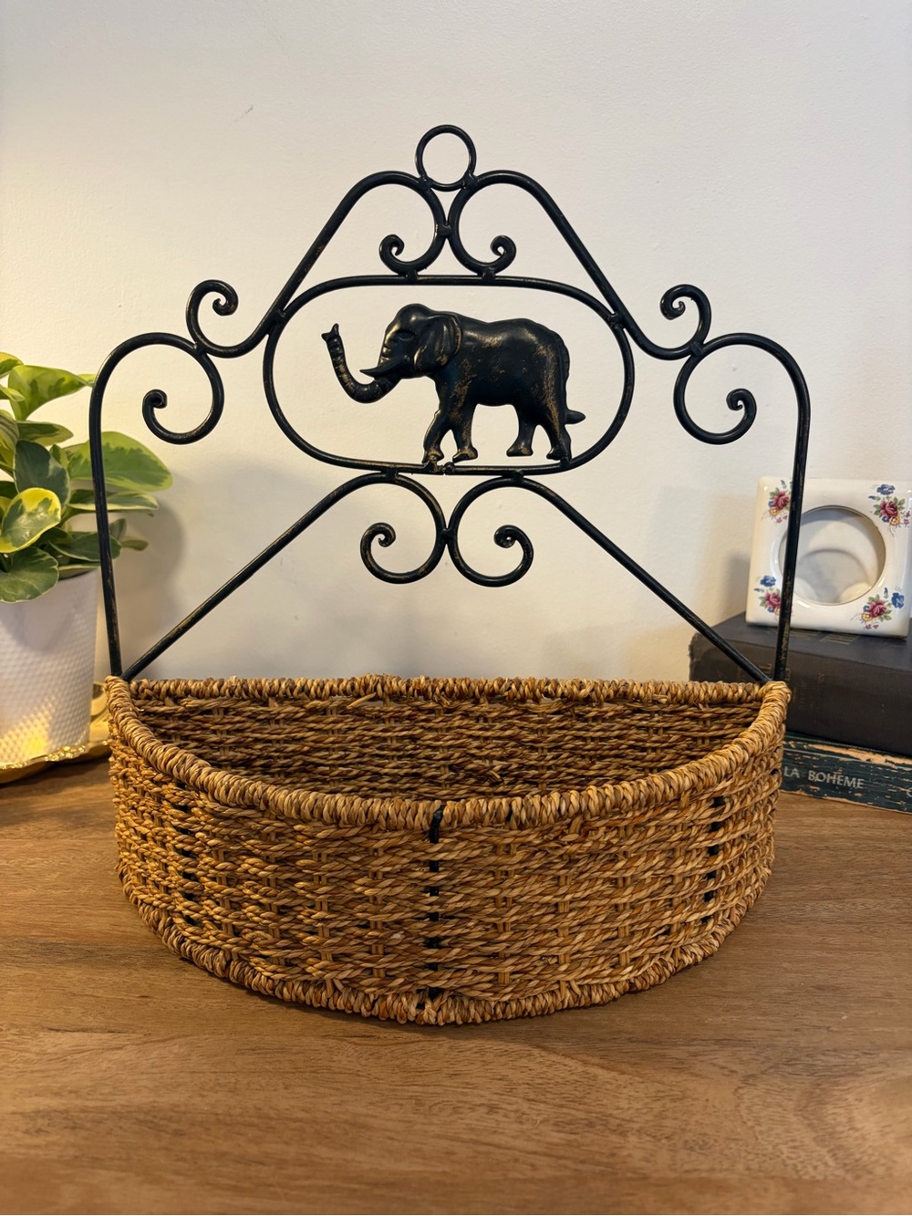 Elephant Woven Wall Basket • Black & Gold Metal Scrollwork